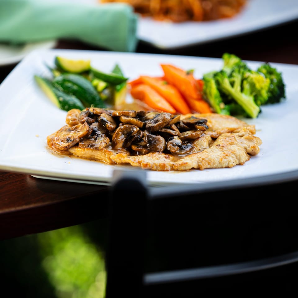 Chicken cutlets topped with mushrooms, served with broccoli, carrots, and zucchini on a white plate.