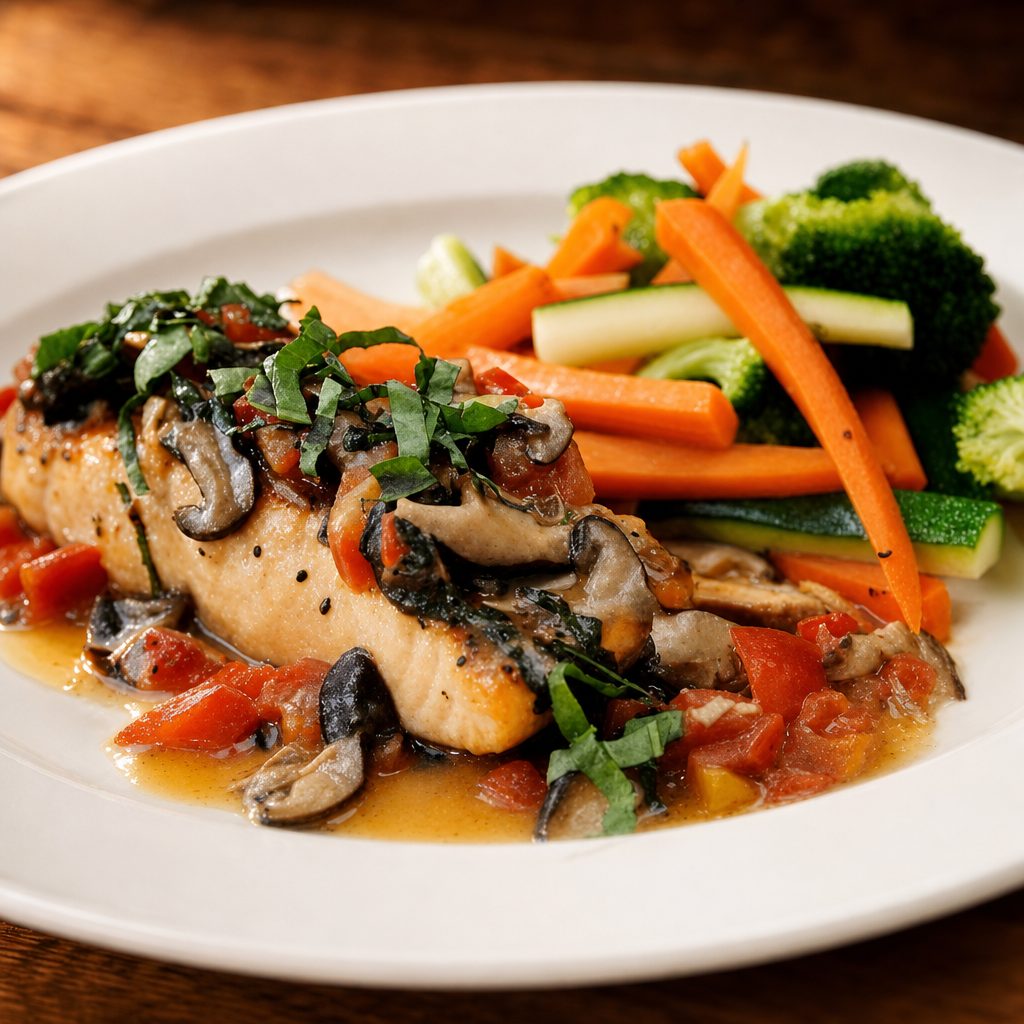 Salmone Funghi E Pomodoro.